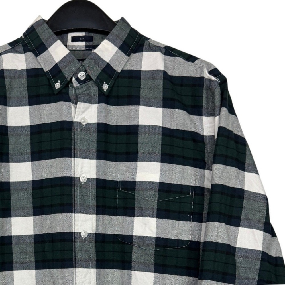 J.Crew OXFORD Mens L Cotton Slim Navy Green White Buffalo Check Plaid C4283